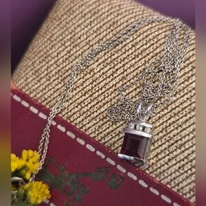 Beautiful 10k White Gold Garnet And Channel Set Diamond Pendant On 14k Chain